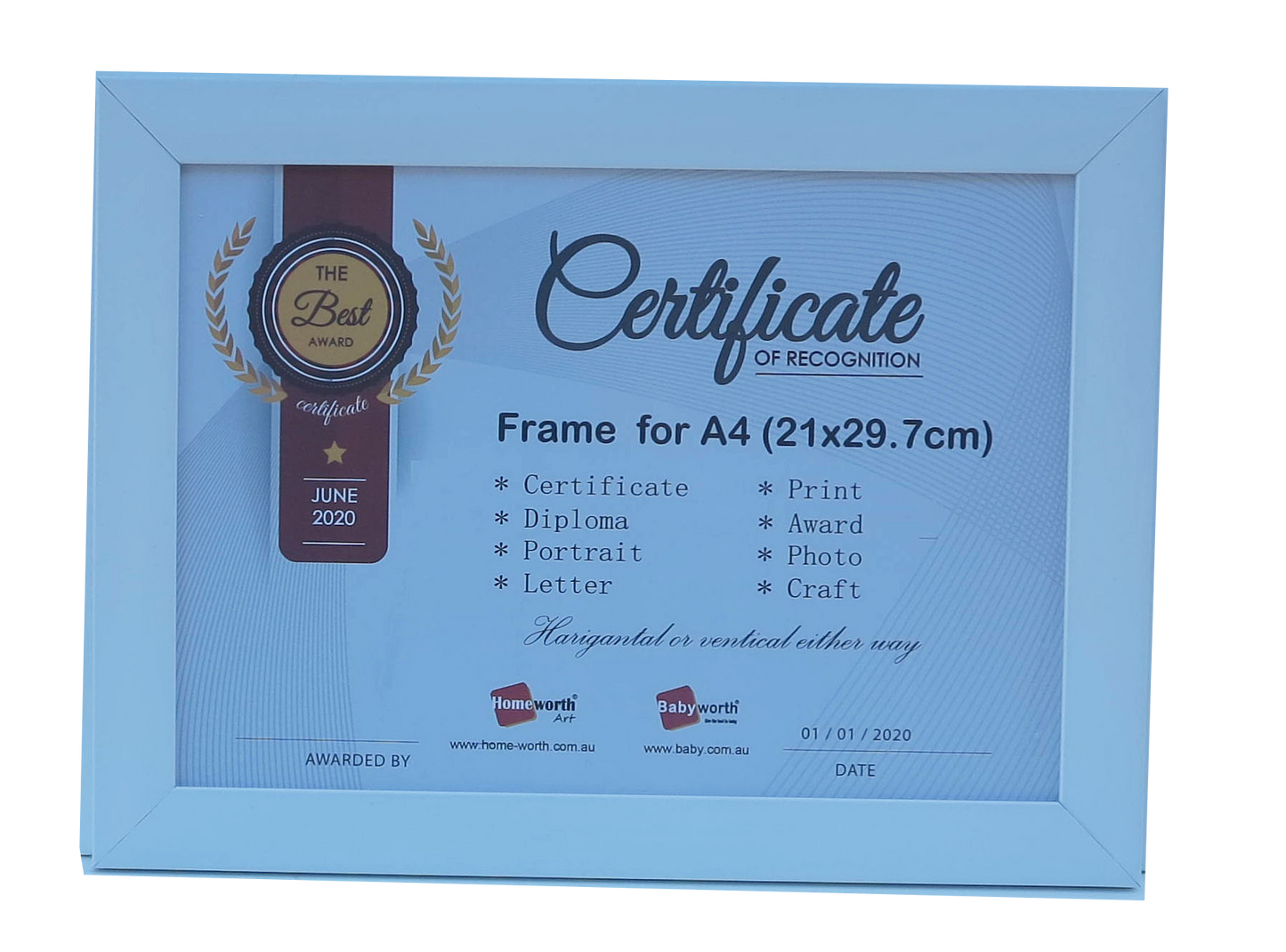 Picture Frame For Photo / Picture / Certificate  Size A4 ( 21x29.7 cm ) - Babyworth