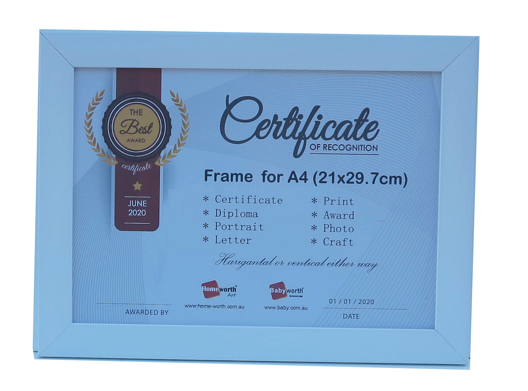 Picture Frame For Photo / Picture / Certificate  Size A4 ( 21x29.7 cm ) - Babyworth